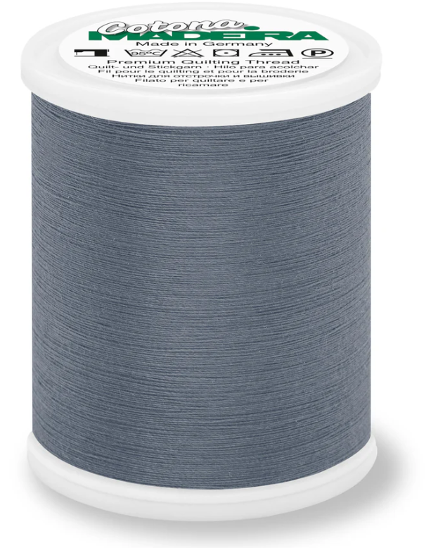 Spool of Madeira Cotona 50wt 100% cotton thread in Steel Grey, color 568