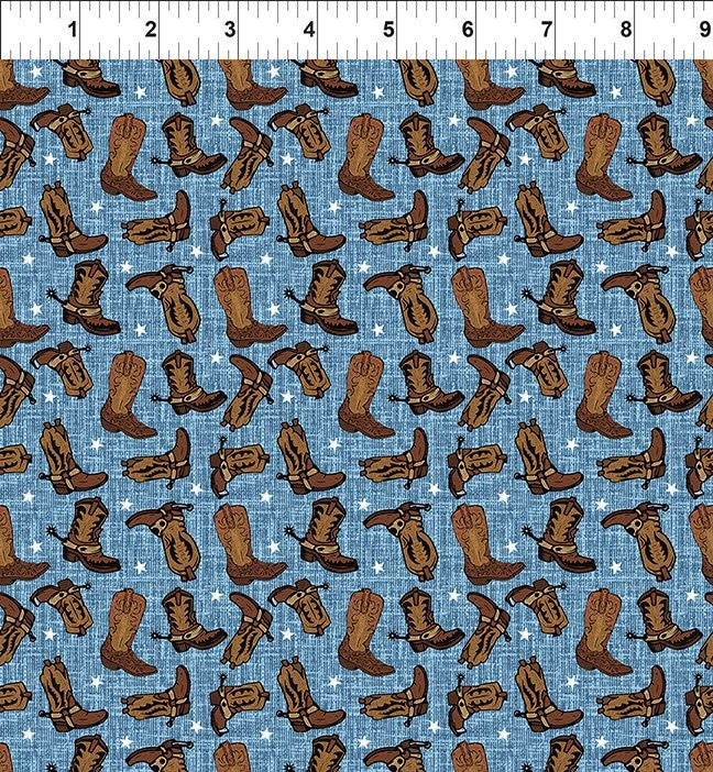In The Beginning Fabrics 9SWM-1 blue boots western quilting cotton