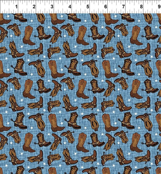 In The Beginning Fabrics 9SWM-1 blue boots western quilting cotton