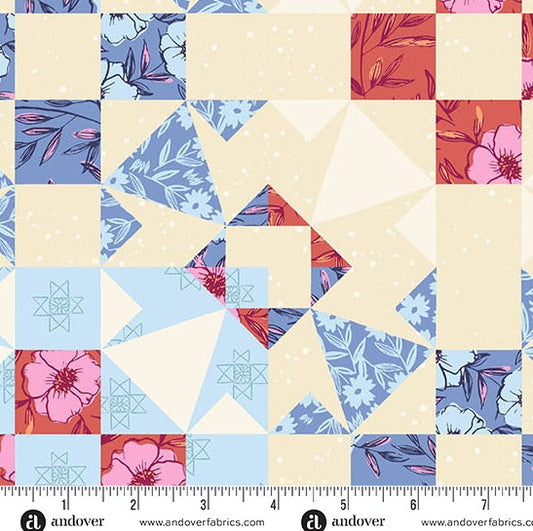 andover-Denim Garden Blocks 1573B Petals and Stitches by Stephanie Organes