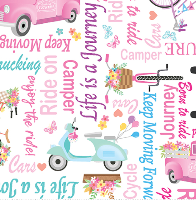 Benartex Ride on Words White bicycle text quilting fabric
