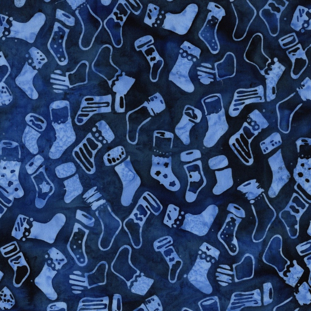 Island Batik Frosted Wishes Christmas Stockings Blue Marine cotton batik quilting fabric