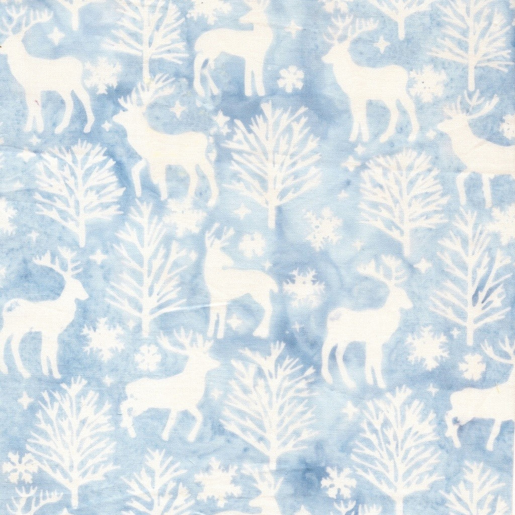 Island Batik Frosted Wishes Deer and Trees Blue Heavenly cotton batik quilting fabric