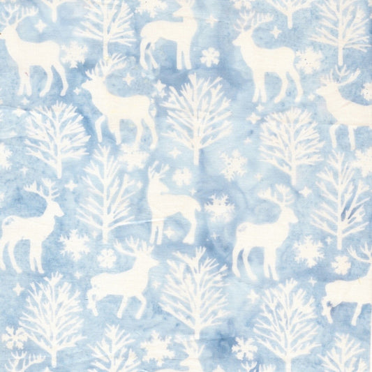 Island Batik Frosted Wishes Deer and Trees Blue Heavenly cotton batik quilting fabric