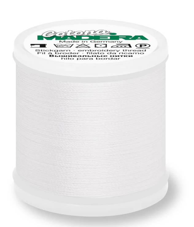Spool of Madeira Cotona 30wt thread in White, color 502