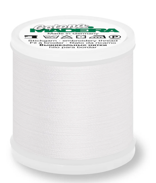 Spool of Madeira Cotona 30wt thread in White, color 502