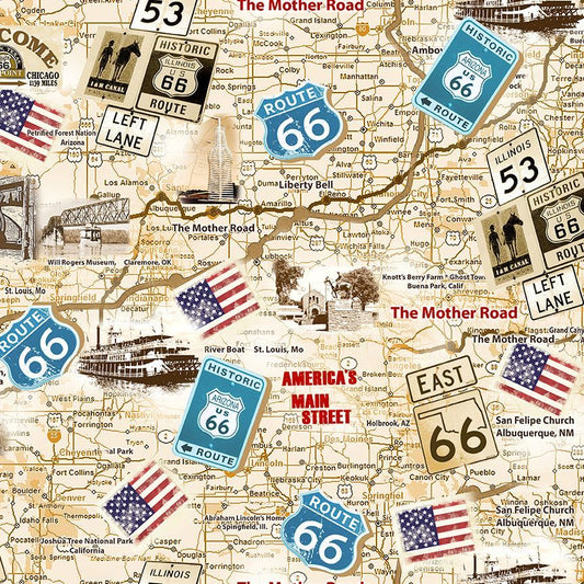 ROUTE 66 ANTIQUE MAP TIMELESS TREASURES FABRIC
