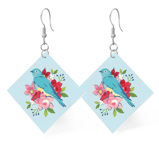 Riley Blake leather square earrings Bluebird design quilting accessory