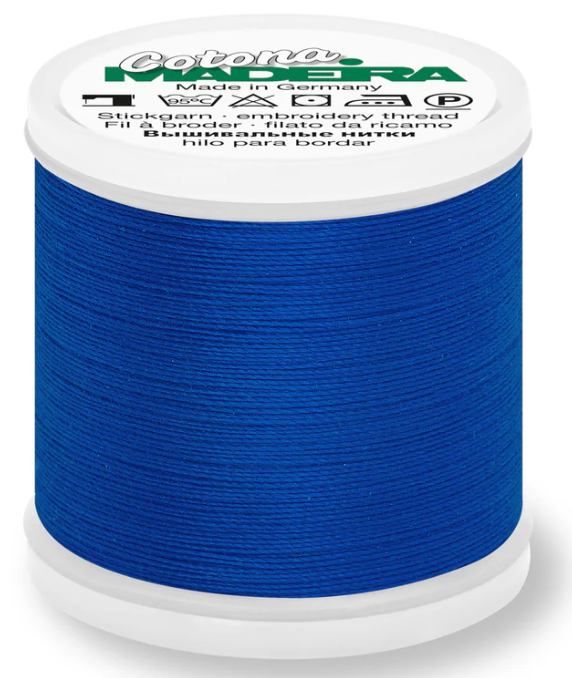 Spool of Madeira Cotona 30wt 100% cotton thread in Royal Blue, color 581
