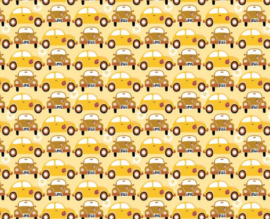 Poppie Cotton Hey Love Bug Beep Beep Yellow quilting cotton novelty fabric