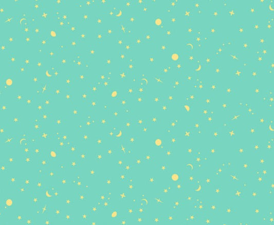 Space Sprinkles Seaglass aqua Free Spirit quilting fabric