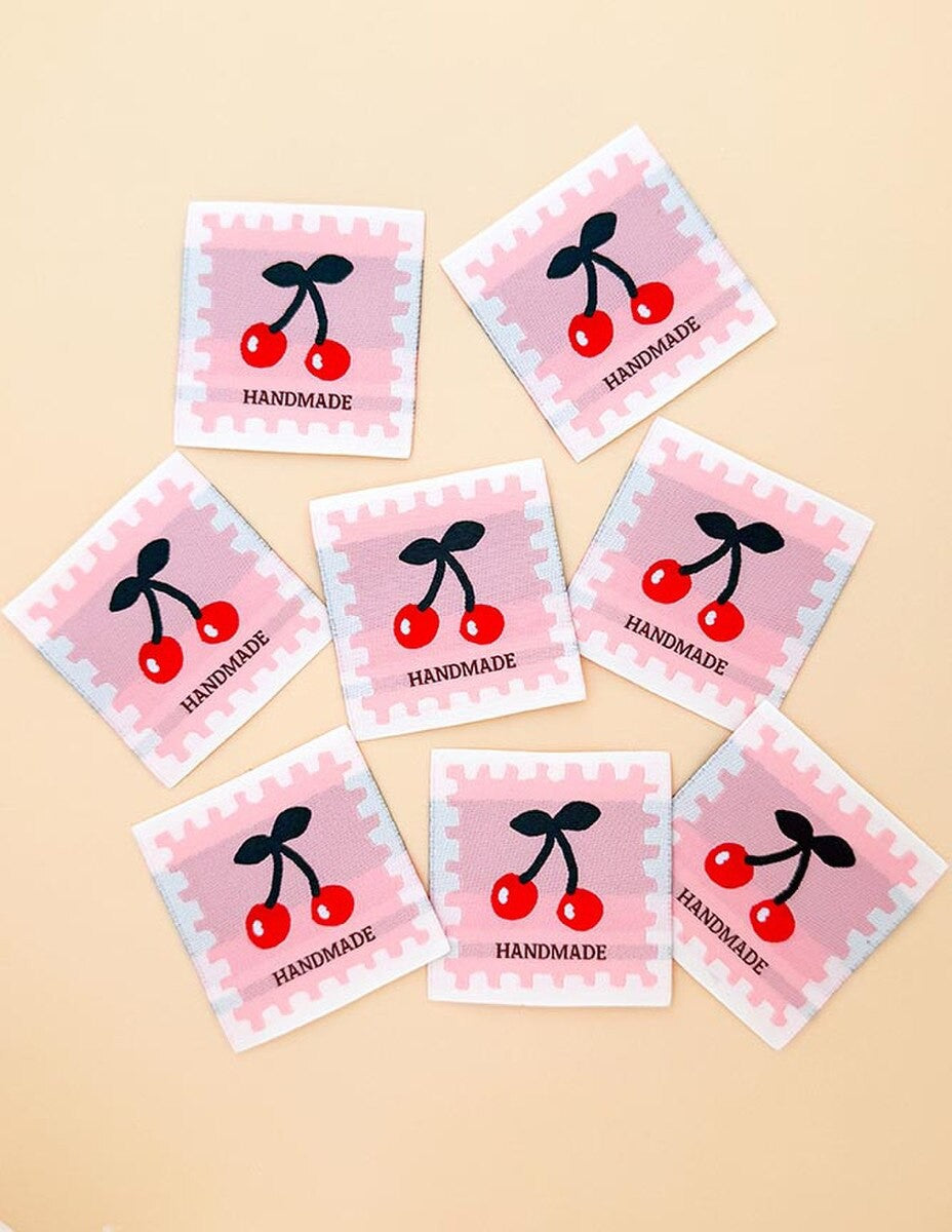 Minki Kim Cherry Pink Woven Labels Riley Blake Designs fabric labels