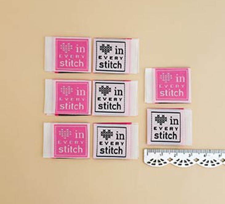 Minki Kim Pink Stitch woven labels by Riley Blake for quilts and bags