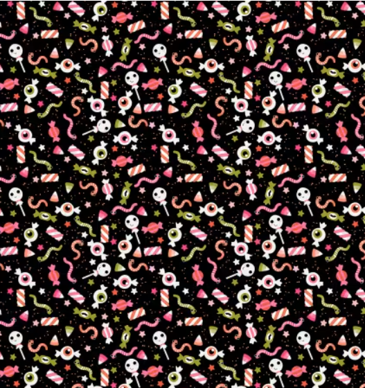 Poppie Cotton Not Scary Gooey Sweets black NT26513 Halloween candy print