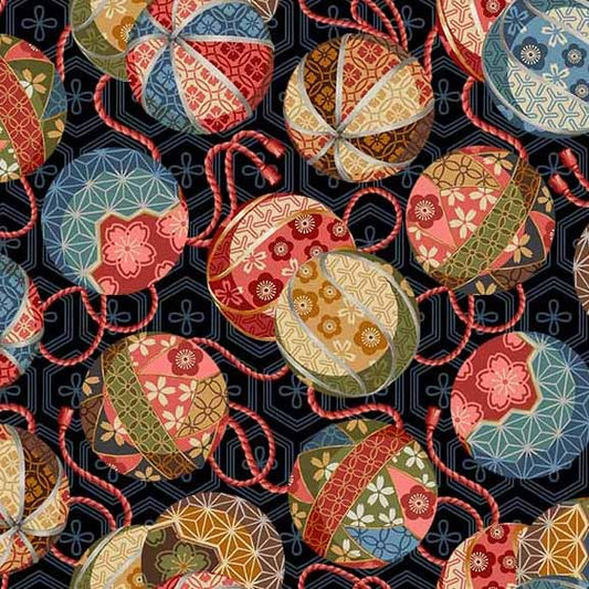 Michael Miller Tokyo Fur-tales Temari Balls Black quilting cotton