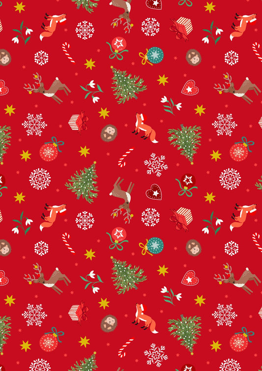 Lewis & Irene Christmas in Bluebell Wood scattered festive on red with metallic, C141B
