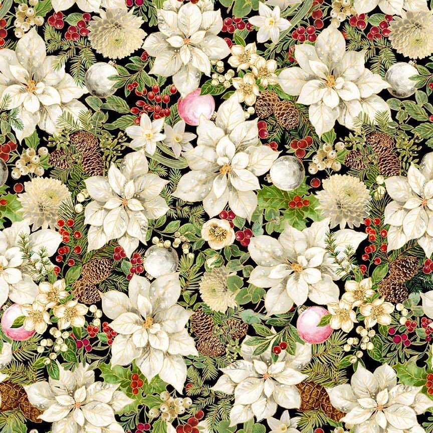 Timeless Treasures - Merry Christmas - Holiday Floral Metallic - Magnolia CM4144