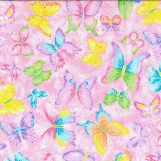 Fabric Traditions - Metallic Crystalline Butterfly Toss Pink - Cotton YARD