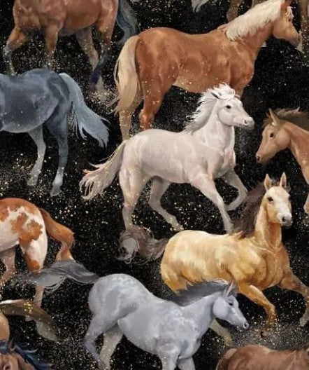 Oasis Round Up Horses Black 59-7922 quilting fabric