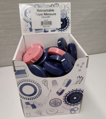 Retractable Tape Measure: Pink/Navy Blue. Sewing and Crafts. 150 cm long. Metric