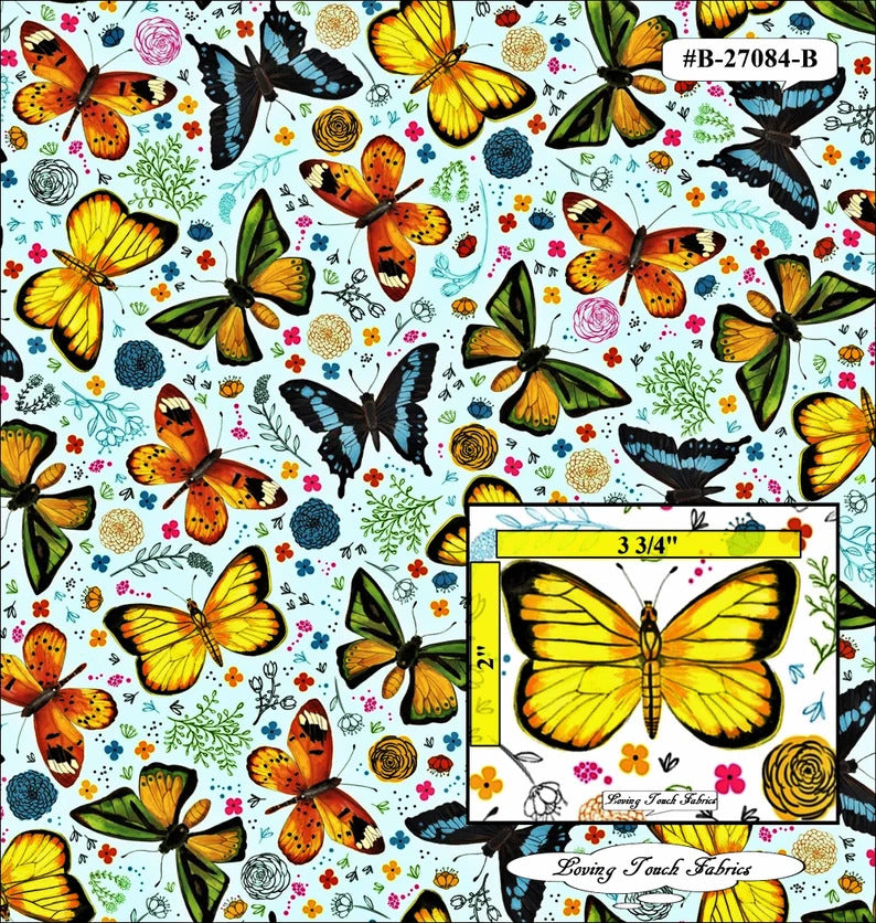 QT Fly Free Floral Butterfly Aqua quilting cotton