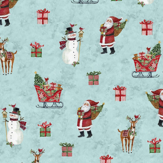 Snowy Greetings Christmas Icons Blue Christmas quilting cotton by Susan Winget for White Owl Textiles