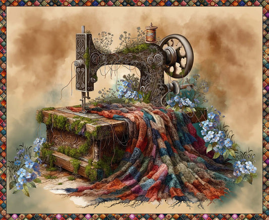 Forget Me Not Tan sewing-themed cotton panel by Marilyn Lee for Blank Quilting