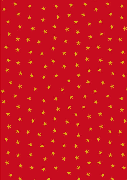 Lewis & Irene Christmas in Bluebell Wood gold stars on red with metallic, C143B cotton