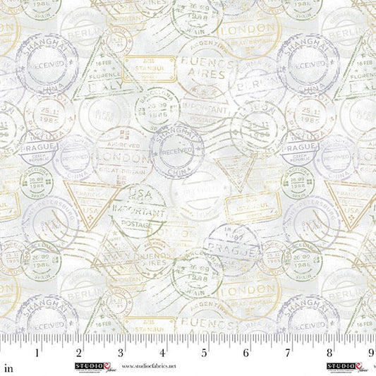 Studio E Air Mail script on texture print 8501-19 in mist, cotton fabric