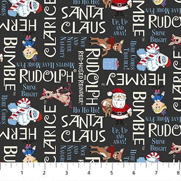 Northcott - Rudolph The Red-Nosed Reindeer - Phrases Charcoal RD1006-96