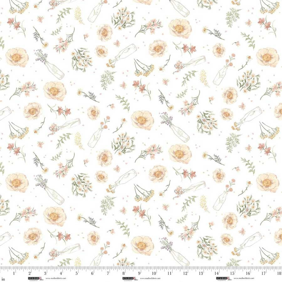 Studio E Bathing Bonnies Milk Bottle Florals 8852-01 white floral quilting cotton