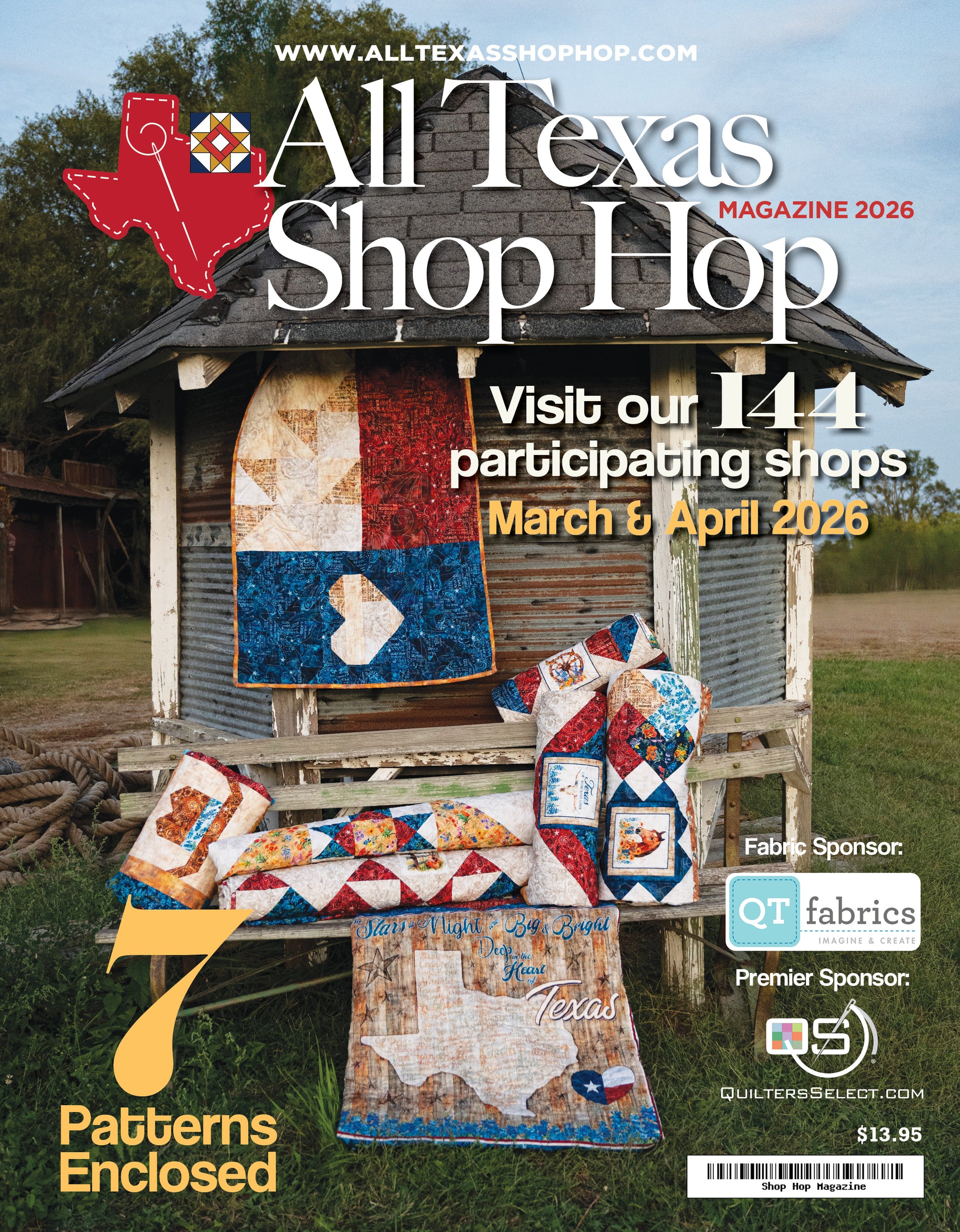 Cover of 'All Texas Shop Hop' magazine with quilts and a wooden structure.