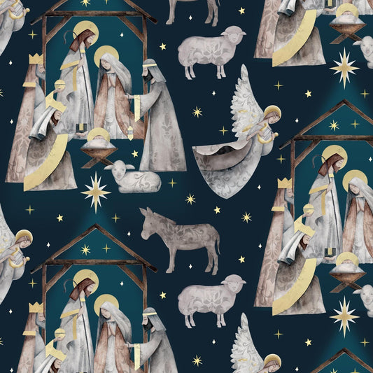 Blank Quilting Silent Night navy nativity scene Christmas quilting fabric, SKU 4707-77