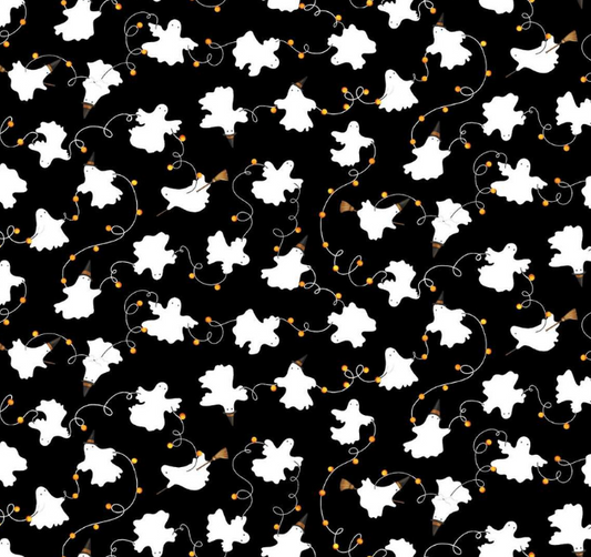 Studio E I Made A Boo-Boo ghosts and lights print 8991-99 in black, Halloween cotton