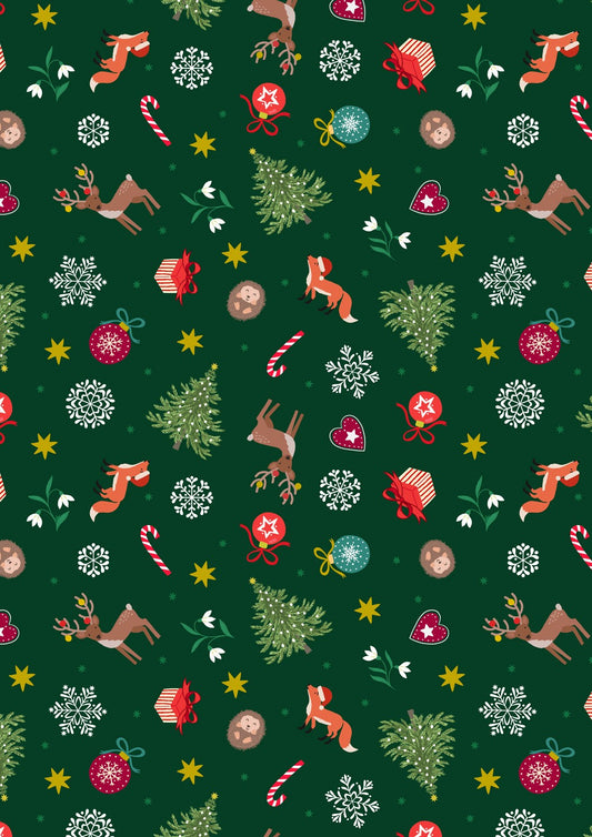 Lewis & Irene Christmas in Bluebell Wood scattered festive on green with metallic, C141C