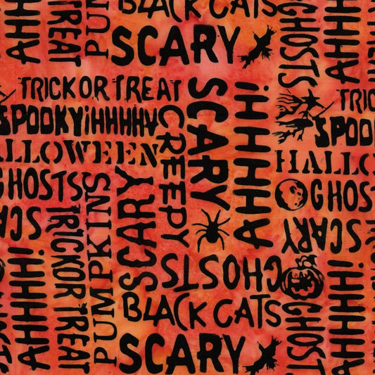 Island Batik Boo Bash Halloween Words quilting fabric in Orange Marmalade, a hand-dyed Halloween batik