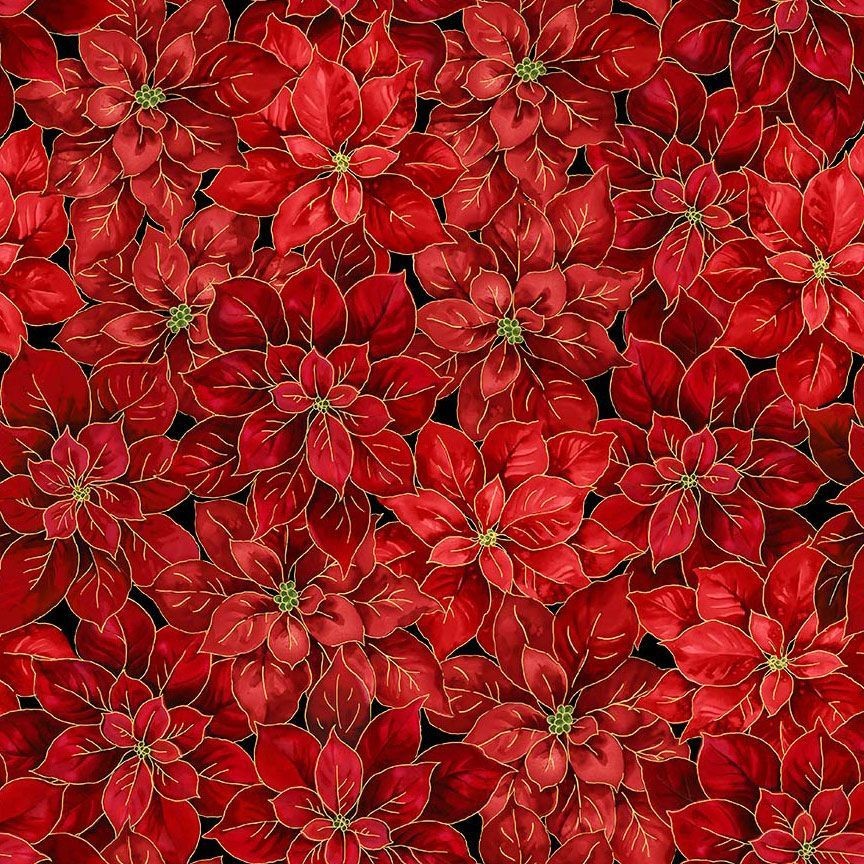Timeless Treasures - Merry Christmas - Packed Poinsettias Metallic - Red CM4146