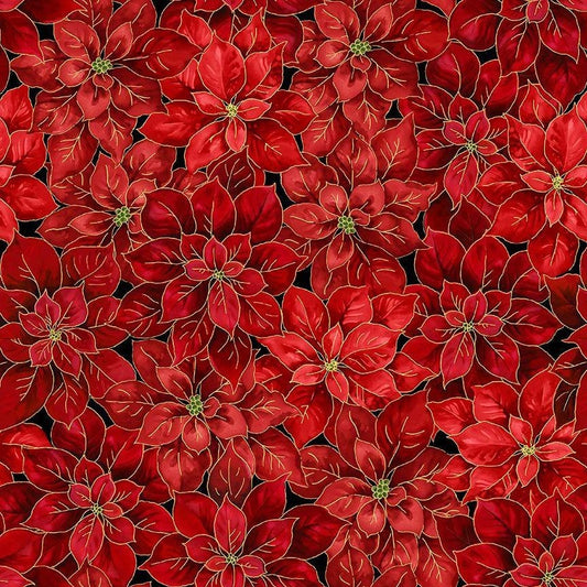 Timeless Treasures Merry Christmas Packed Poinsettias Metallic Red CM4146 metallic Christmas quilting cotton