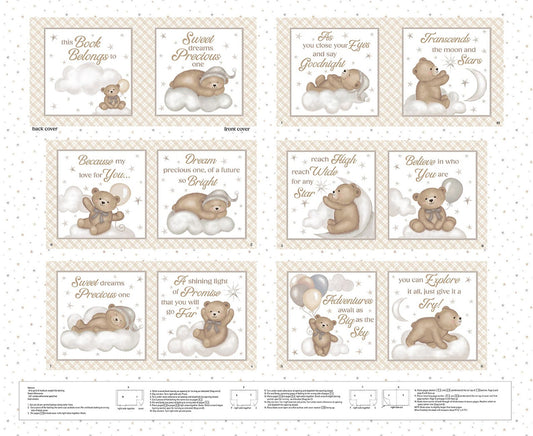 Sleepy Teddy Fabric Book Panels - White/Multi