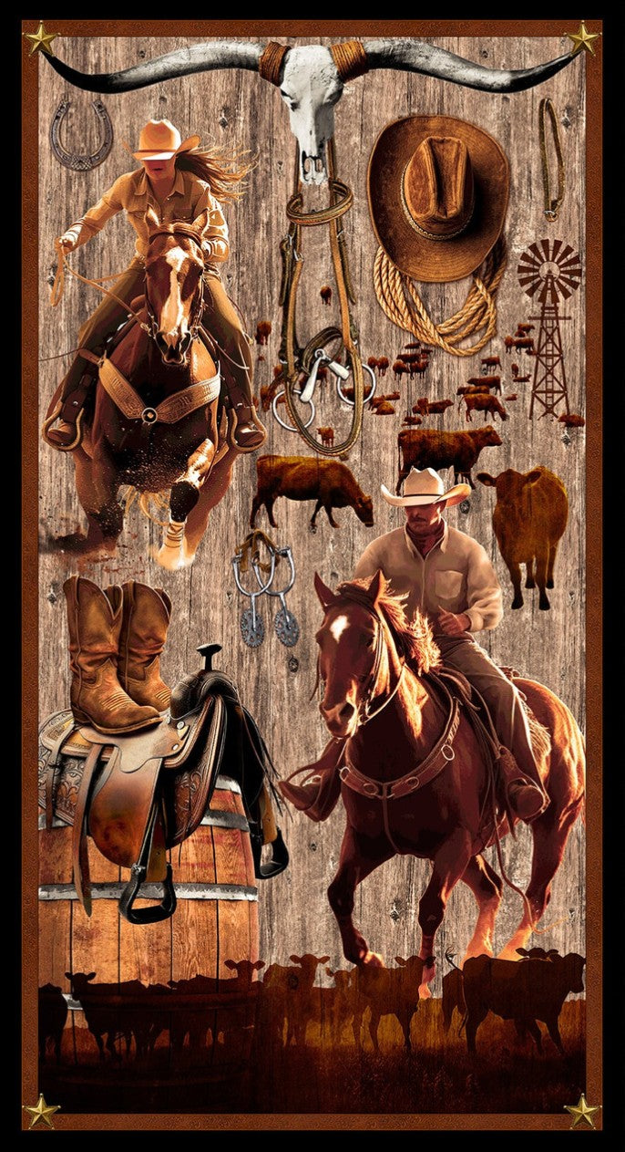 Blank Quilting Spurs Spirit Brown 24 inch panel
