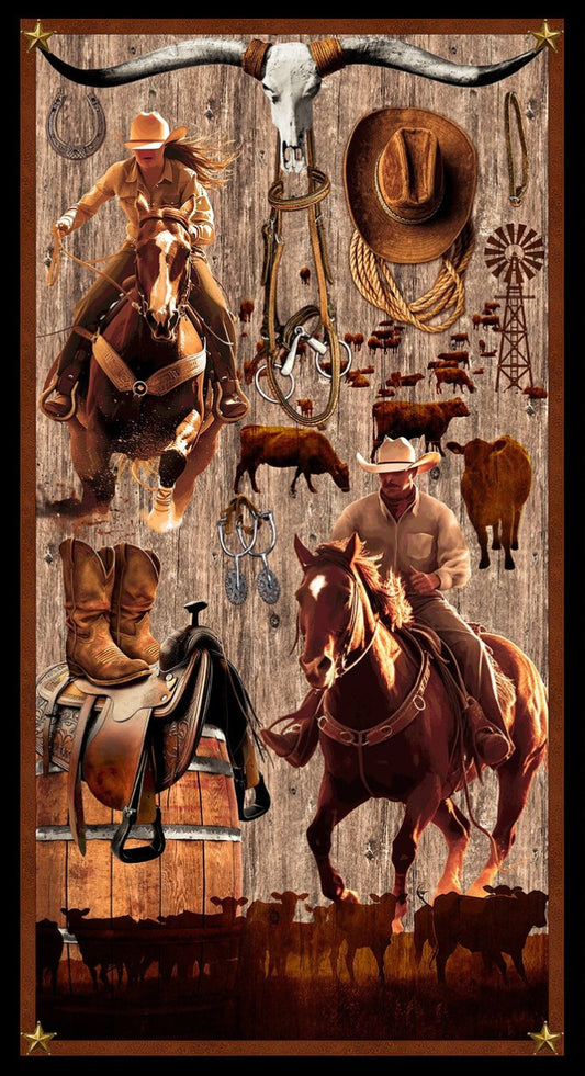 Blank Quilting Spurs Spirit Brown 24 inch panel