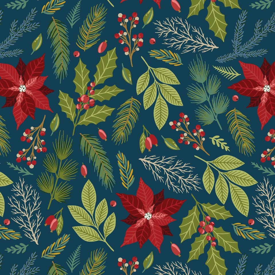 Blank - Holly Jolly Calico - Amelia Designs - Poinsettia Floral - 4680-77 Navy