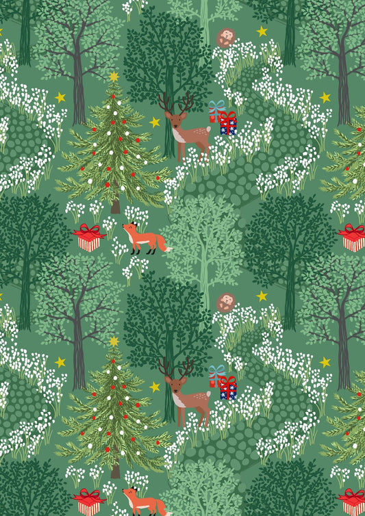 Lewis and Irene Christmas in Bluebell Wood green gold metallic C139B cotton fabric
