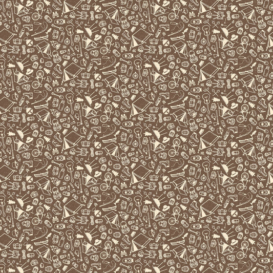 Northcott Camping Therapy brown camping sketches cotton
