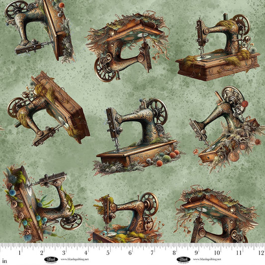 Forget Me Not Sage sewing-themed quilting cotton by Marilyn Lee for Blank Quilting