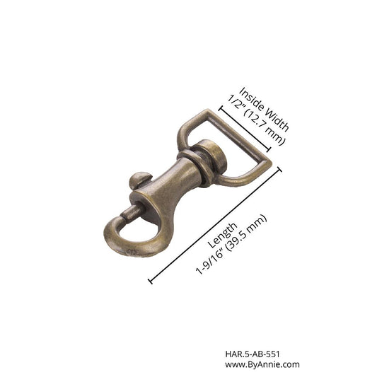 1/2" Swivel Hook (Bolt-Snap) - Antique Brass
