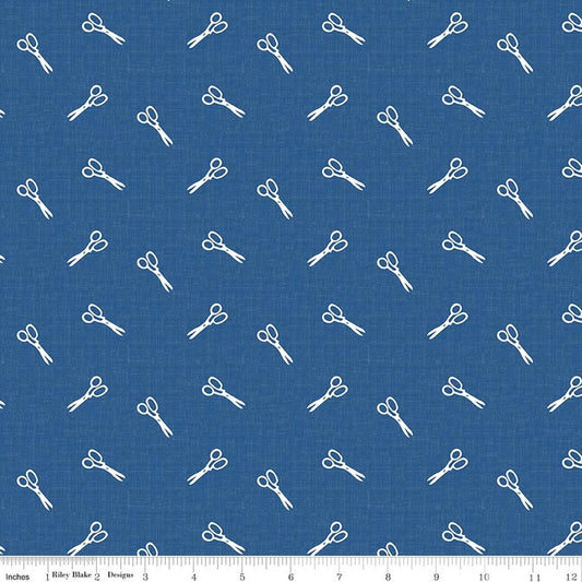 Riley Blake Denim Blue Blooms and Threads Scissors C17125 quilting cotton