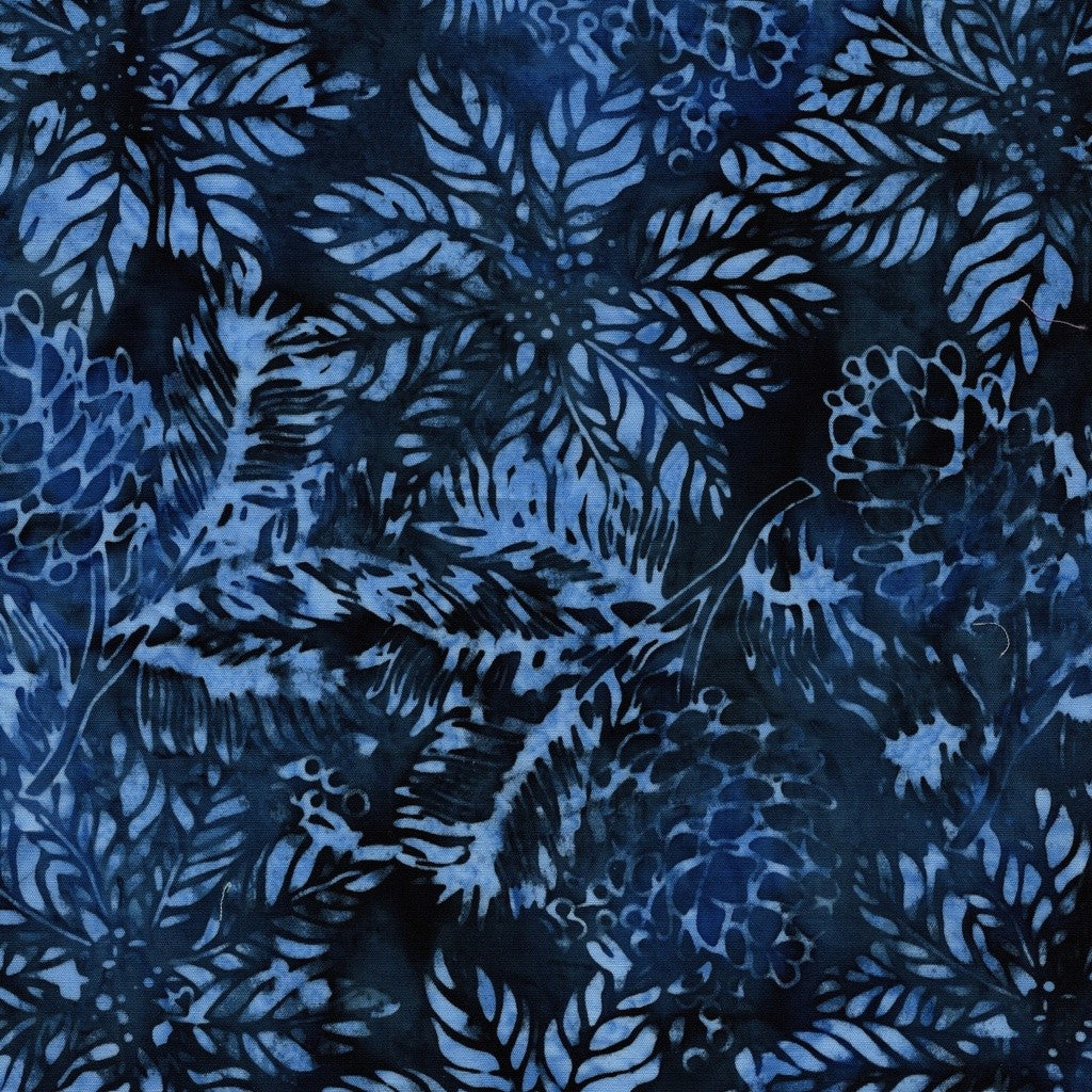 Island Batik Frosted Wishes Poinsettias and Pinecones Blue Navy cotton batik quilting fabric