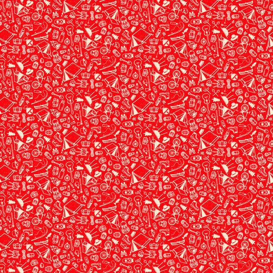 Northcott Camping Therapy red camping sketches cotton