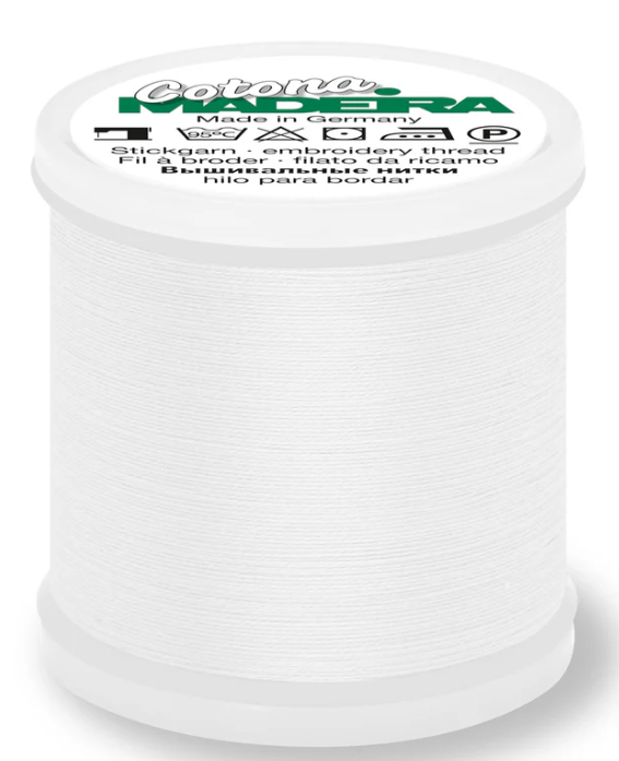 Spool of Madeira Cotona 80wt thread in White, color 502